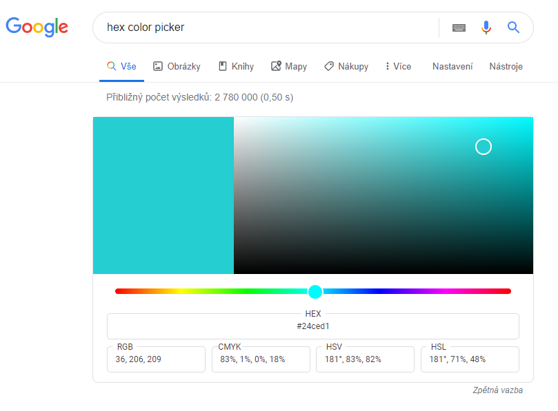 Nástroj pro výběr barvy ve vyhledávání Google